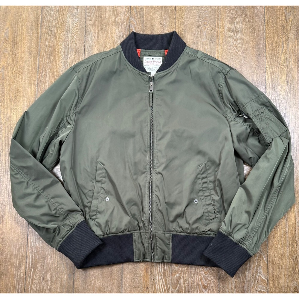 Lucky Brand Men's L Olive Green MA-1 Bomber Flight Jacket Utility Sleeve Pocket